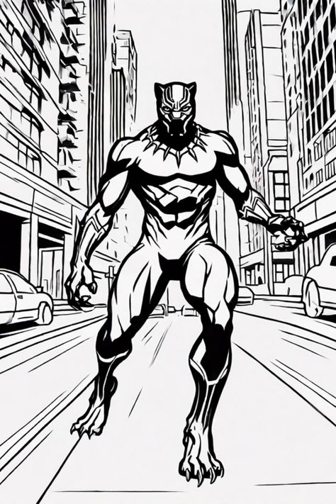 Get ready to unleash your creativity with this awesome coloring page featuring Black Panther in the heart of the city! It's time to bring this iconic superhero to life as he stands strong amidst towering buildings. Perfect for fans of all ages, this coloring page provides a fun and exciting way to add color to your favorite Marvel character. Grab your crayons and start creating a vibrant masterpiece featuring a mix of city vibes and superhero action. A fun activity for kids or comic book lovers! Black Panther Coloring Pages, Panther Coloring Pages, Black Panther Images, Panther Pictures, Superhero Images, Pikachu Coloring Page, Avengers Coloring Pages, Personalized Coloring Book, Superhero Coloring Pages