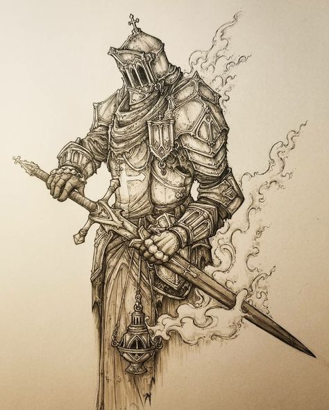 Tattoo Knight, Knight Drawing, Dark Souls Artwork, Medieval Tattoo, Armor Drawing, Knight Tattoo, Warrior Tattoos, Dark Souls Art, Creepy Tattoos