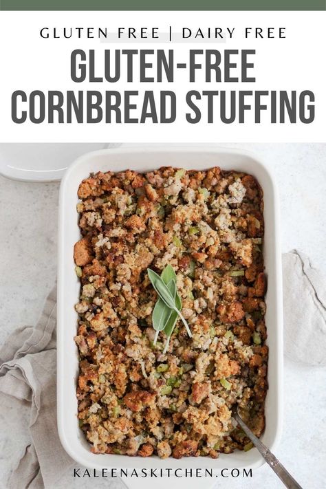 This gluten-free cornbread stuffing recipe has the classic flavors of traditional cornbread stuffing but uses gluten-free sweet cornbread, fresh herbs, and breakfast sausage to make a guilt-free delicious stuffing. Gluten Free Cornbread Dressing Recipe, Gluten Free Cornbread Stuffing, Gluten Free Cornbread Dressing, Gluten Free Stuffing Recipes, Traditional Stuffing Recipe, Gluten Free Cornbread Recipe, Cornbread Stuffing Recipes, Sausage Cornbread Stuffing, Sausage Stuffing Recipe