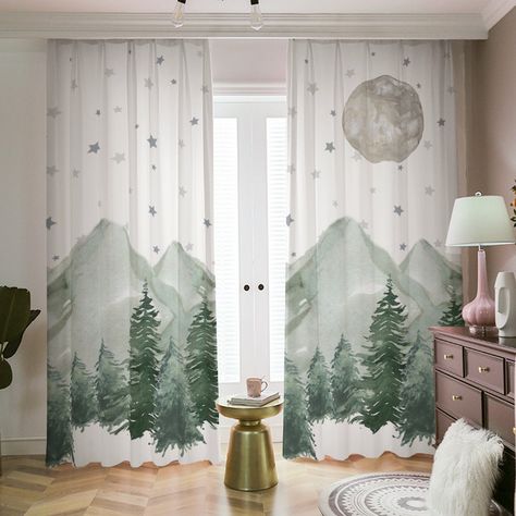 Kids Bedroom Curtains, Mountain Night Sky, Night Sky Nursery, Pink Nursery Wall Decor, Forest Window, Moose Nursery, Moon Stars Nursery, Grey Nursery Walls, Nursery Blackout Curtains