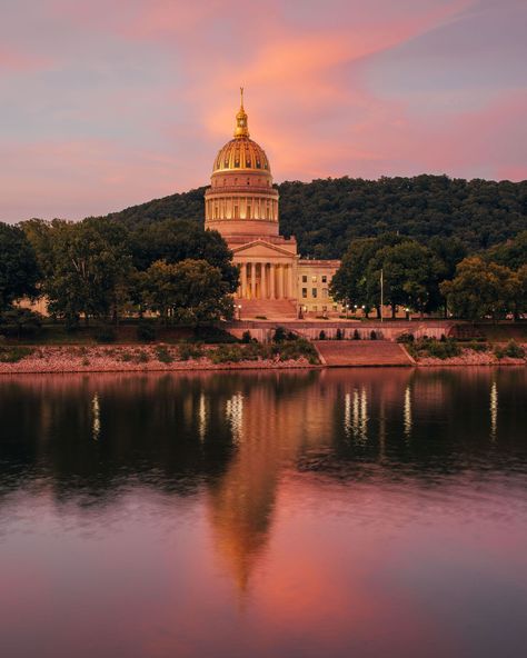 The West Virginia State Capitol and Kanawha River at sunset, in Charleston, West Virginia Charleston West Virginia, Charleston Wv, Virginia State, Hotel Motel, Capitol Building, Miss America, Posters Framed, Image House, New Adventures