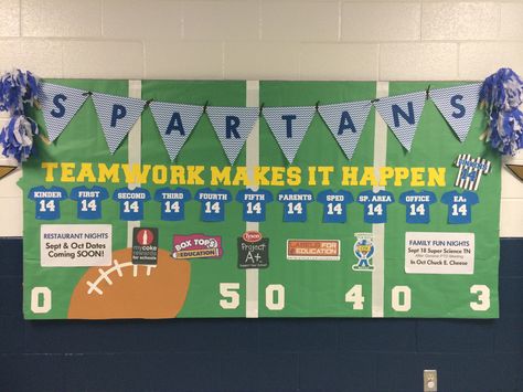 Football themed PTO bulletin board with rewards, restaurant nights, and family fun dates! Football Themed Bulletin Boards, Football Themed Staff Appreciation, Sports Bulletin Boards Team Theme, Football Reading Bulletin Board, Team Bulletin Board Ideas Sport Theme, Sports Themed School Hallway, Sports Bulletin Boards Elementary, Sports Bulletin Board Ideas Hallways, Sports Bulletin Board Ideas