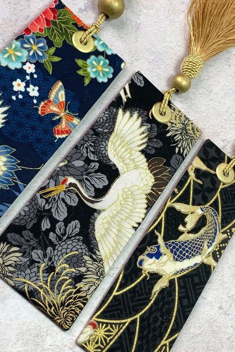 Japanese Fabric Tassled Bookmarks, Japanese Koi Fish and Japanese Cranes Fabric Bookmarks, Japanese Crane, D Book, Reading Gifts, Book Marks, Book Markers, Fabric Designs, Gifts For Readers, Japanese Fabric