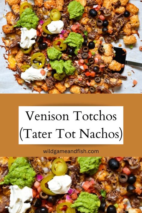 Venison Totchos (Tater Tot Nachos) Slow Cooker Venison Roast, Totchos Tater Tots, Totchos Recipe, Tot Nachos, Slow Cooker Venison, Tater Tot Nachos, Nacho Toppings, Venison Roast, Venison Steak