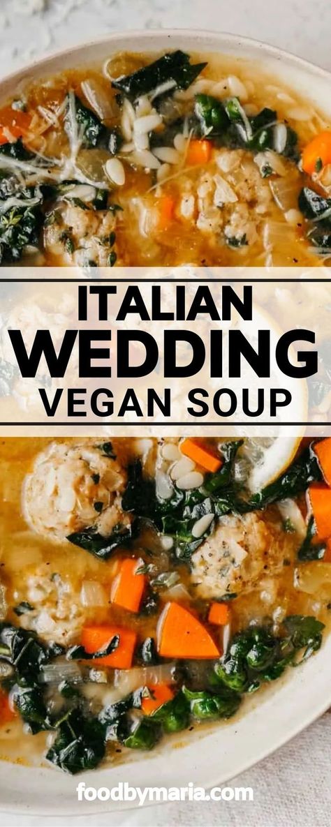 This delicious italian wedding soup is a perfect dinner dish! And this soup is vegan friendly meaning it's meat and dairy free! You can learn how to make this meal here. Italian Wedding Soup Vegan, Vegetarian Wedding Soup, Vegan Italian Soup Recipes, Vegan Wedding Soup, Italian Wedding Soup Vegetarian, Vegetarian Italian Wedding Soup, Vegan Italian Wedding Soup, Minestra Italian Soup, Vegan Wedding Food