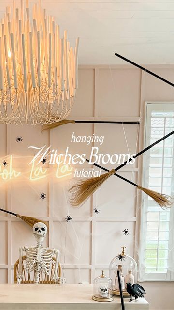 Stephanie Hanna • DIY • Holidays • Home Decor on Instagram: "DIY Hanging Witch Brooms! This was so much fun! The brooms are very lightweight making them easy to hang. Would you try this? 🧹🌙 . . . . . #halloween #halloweendecor #bhghome #bhghomedecor #holidaydecor #diy #diyhalloween #diyhalloweendecorations ##diyhomeprojects #halloweenparty #partydecorations #partyideas #halloween" Broom Decorations For Halloween, Hanging Brooms Halloween, Diy Witches Broom, Witch Broom Decor, Halloween Ceiling Decorations, Diy Witch Broom, Garden Gate Ideas, Sliding Gate Design, Witch Brooms