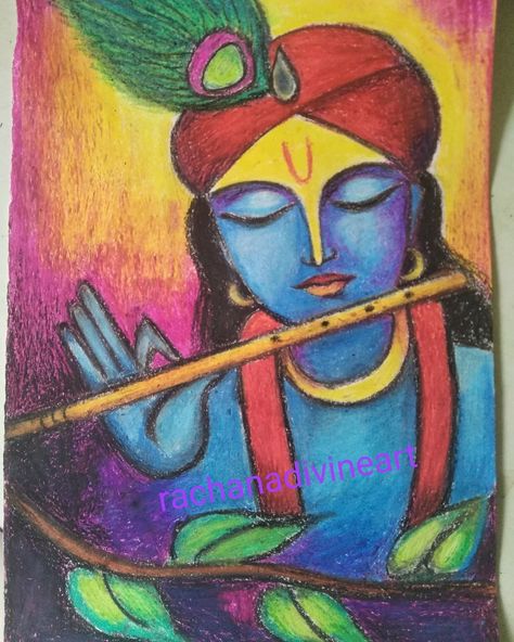 Krishna Ji Oil Pastel Drawing, Soft Pastels Paintings Portraits, Ganesh Ji Oil Pastels Drawing, Krishna Madhubani Art, Advance Drawing, Gods Drawing, Rangoli Idea, Rangoli Painting, Tracing Design