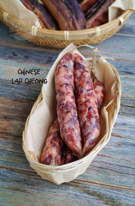 Lap Cheong or Chinese Waxed Sausage is a type of wind-dried, cured, dried meat sausages typically made/eaten during Chinese New Y... Dried Meat Recipe, Lap Cheong, Pasta Bacon, Meat Curing, Sausage Making Recipes, Home Made Sausage, Pork Sausage Recipes, Venison Meat, Dried Meat