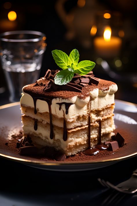 Experience the epitome of Italian indulgence with this Tiramisù. A work of art with layers of coffee-soaked ladyfingers, mascarpone cheese, and a dusting of cocoa powder. Adorned with a delicate chocolate curl and a sprig of fresh mint, it's pure sophistication. Savor the moment! 🎶🥂 #TiramisùElegance #ItalianIndulgence #FoodPorn #Photograph #Desserrt Chocolate Tiramisu, Restaurant App, Tiramisu Dessert, Italian Elegance, Dessert Photography, Chocolate Curls, Food Fantasy, Mascarpone Cheese, Sweet Escape