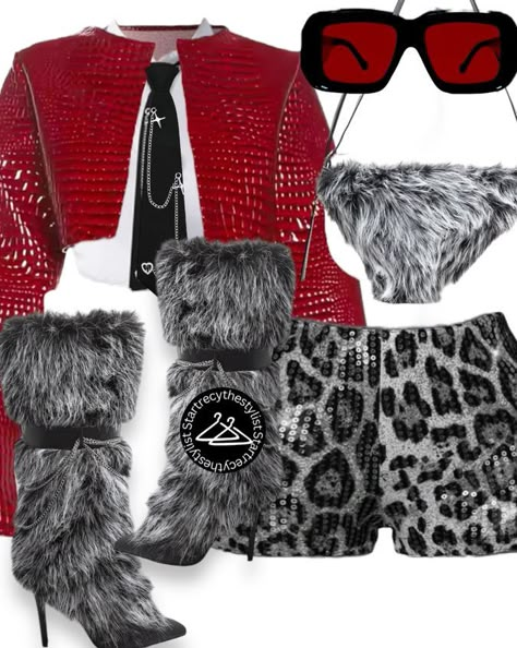 Leather high-top sneakers curated on LTK Leather Style Outfit, Red And Zebra Outfit, Cheetah Print Tights Outfit, All Red Outfit Baddie, Cheetah Shorts Outfit, Red And Cheetah Outfit, Red Outfit Streetwear, Lv Outfits Women, Red And Black Outfits Aesthetic