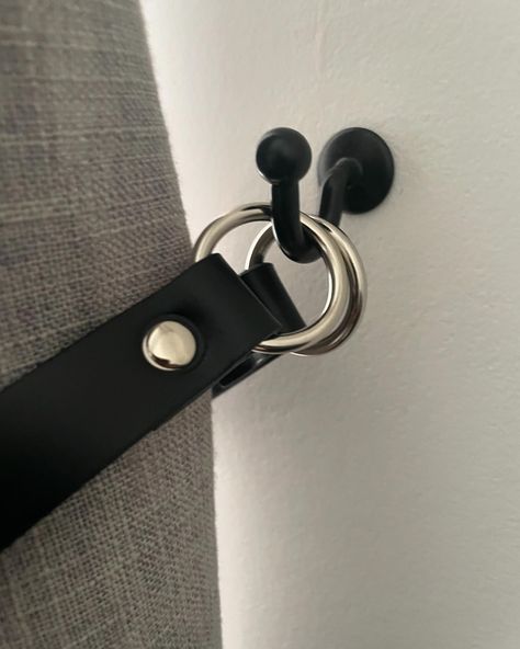 Black leather curtain tie backs with nickel fixings #curtains #curtaintiebacks #leathertiebacks #leather #leatherinterior #interiordesigninspo #hotelcurtains Leather Curtain Tie Backs, Wall Curtains, Curtain Wall, Curtain Ties, Curtain Tie Backs, Leather Interior, Tie Backs, Tie Back, Black Metal