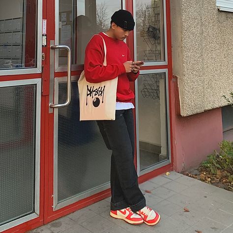 Men’s Red Sweater Outfit, Varsity Red Dunks Outfit, Red Nike Dunks Outfit Men, Nike Red Outfit, Nike Sb Dunks Outfit, Red Beanie Outfit Men, Nike Dunk Red Outfit, Red Crewneck Outfit Men, Sb Dunks Outfit Men