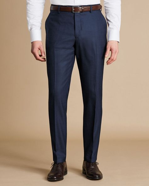 End On End Ultimate Performance Suit Pants - Indigo Blue | Charles Tyrwhitt Navy Blue Slacks Outfit Mens, Blue Slacks Outfit Mens, Blue Slacks Outfit, Outfit Mens Casual, Navy Blue Slacks, Blue Blazer Men, Slacks Outfit, Blue Slacks, Trousers With Belt