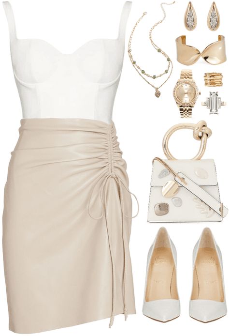 White Gold Outfit Classy, White And Beige Outfit Classy, Tan White Outfit Classy, White And Gold Casual Outfit, Neutral Semi Formal Outfit, Beige And Gold Outfit, Rich Girl Aesthetic Outfit Casual, Neutral Fancy Outfit, White And Cream Outfit Aesthetic