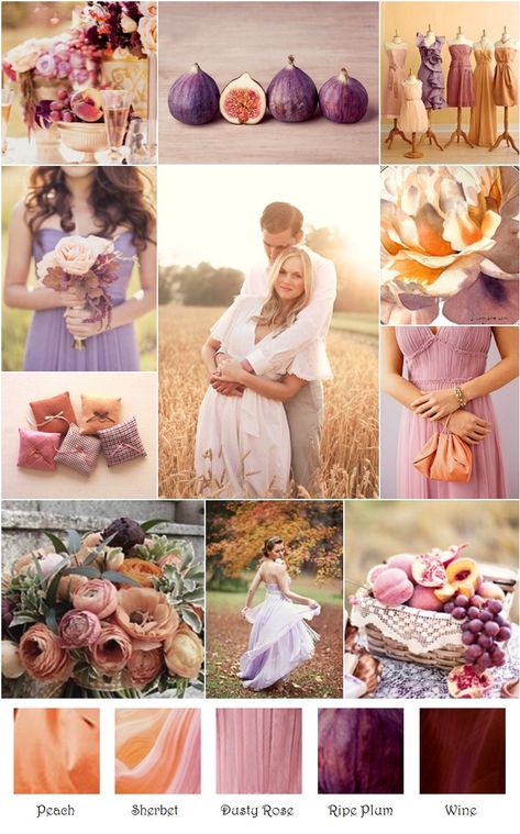 Peach Purple Wedding, Apricot Wedding, Wedding Collage, Wedding Color Pallet, Violet Wedding, Plum Wedding, Wedding Colors Purple, Plum Wine, Wedding Palette