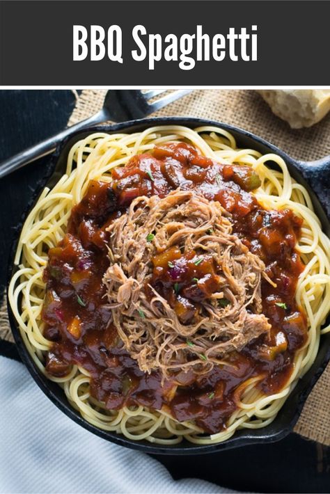 This creative spaghetti dinner is loaded with your favorite barbeque flavors! #pasta #bbq #barbeque Bbq Pasta Sauce, Barbecue Spaghetti Recipe, Barbecue Spaghetti, Bbq Chicken Spaghetti, Elbow Pasta Recipes, Bbq Spaghetti, September Recipes, Spaghetti Dishes, Bbq Pasta