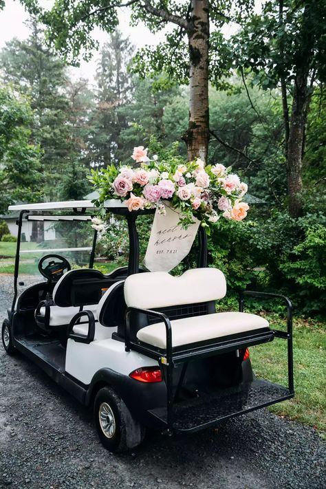 Just Married Golf Cart, Gold Cart, Wedding Golf, Hindu Wedding Ceremony, Cart Decor, Lakeside Wedding, Hudson Valley Wedding, Haldi Ceremony, Bride Photo