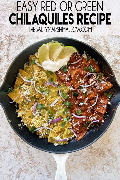 Chilaquiles are a classic Mexican recipe made with fried tortillas and a savory red or green sauce!  Simple ingredients make this dish easy to cook at home for a great breakfast or dinner! Green Chilaquiles Recipe, Easy Salsa Verde Recipe, The Salty Marshmallow, Chilaquiles Recipe, Salty Marshmallow, Red Sauce Recipe, Marshmallow Recipe, Mexican Recipe, Fried Tortillas