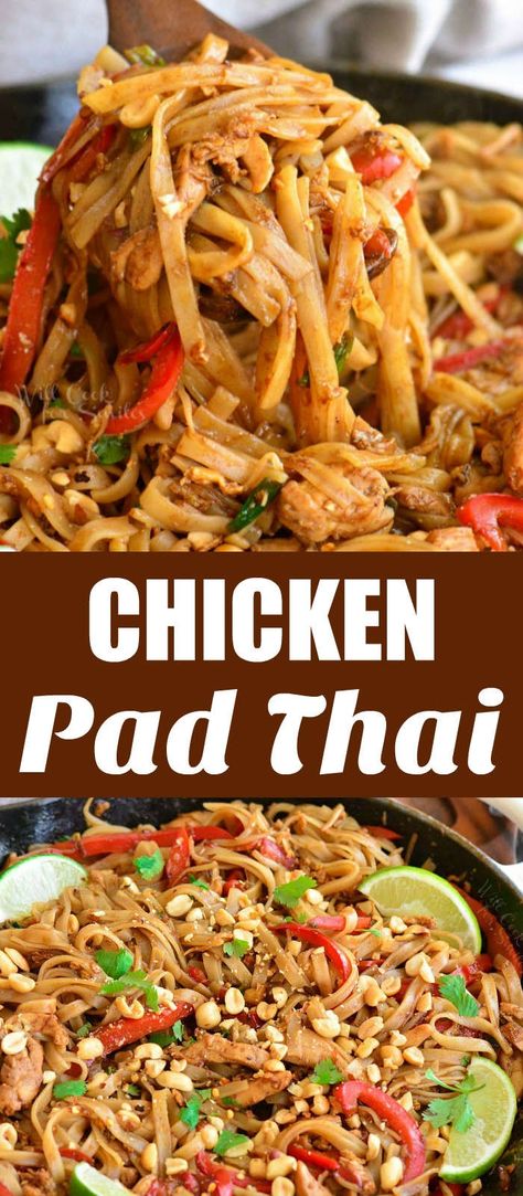 Pad Thai is a delicious rice noodle dish you can make at home is about 30 minutes. It's made with chicken or shrimp, rice noodles, vegetables, eggs, peanut, cilantro, and irresistible Pad Thai sauce. #chicken #pasta #ricenoodles #padthai #thai Shrimp Rice Noodles, Thai Pad, Noodles Vegetables, Chicken Pad Thai, Pad Thai Sauce, Chinese Food Recipes, Pad Thai Noodles, Thai Sauce, Pad Thai Recipe