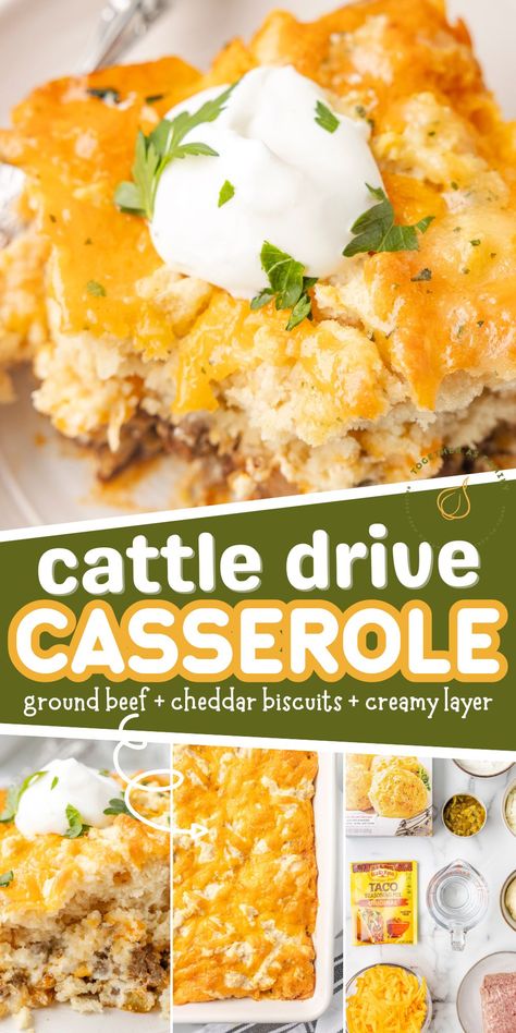 Cattle Drive Casserole is the ultimate comfort food and an easy casserole recipe - with layers of ground beef seasoned with taco seasonings and green chilies, a creamy cheese layer, and then finished off with pillowy & buttery biscuits on top. Similar to a Chicken Pot Pie but with southwestern flair! Ground Beef Recipe With Biscuits, Vintage Casserole Recipes, Southwestern Casserole, Cattle Drive Casserole With Red Lobster, Ground Beef Biscuit Casserole, Ground Beef And Biscuit Recipes, Tortilla Chip Casserole Beef, Cowboy Grub Thm, Cattle Drive Casserole Savory Discovery