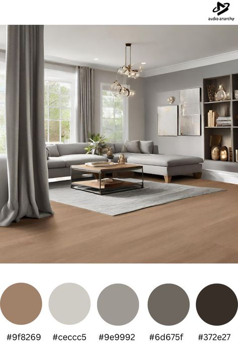 1)Grey Sofa, Light Grey Walls: Serene backdrop for a calm atmosphere. 2)Brown Furniture Accents: Warmth and balance in the room. 3)Wall Storage: Functional yet stylish for a clutter-free space. 4)Texture Mix: grey rug, wooden accents for depth. 5)Soft Lighting: Floor lamps for a cozy ambiance. 6)Personalized Decor: Plants, books add character without clutter. 7)Maintenance: Regularly organize for a minimalist look. 8)Tranquil Retreat: Grey, brown, light grey palette for harmony. Grey Wall With Brown Furniture, Grey Sofa Oak Floor Living Room, Grey Sofa Wood Furniture, Grey Flooring Room Ideas, Gray Walls Brown Floors Living Room, Mix Grey And Beige, Grey With Brown Living Room, Anthracite Living Room, Grey Living Room Palette