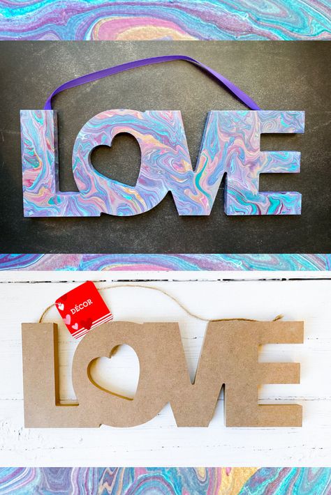 Dollar Tree Love Sign Diy, Valentines Art Lessons, Kids Craft Gifts, Marble Paint, Acrylic Paint Pouring, Paint Pours, Budget Friendly Diy, Tree Projects, Colorful Marble