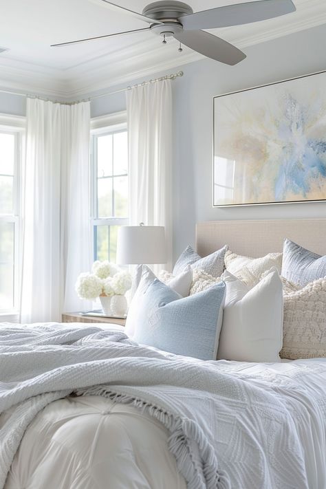 Create Your Serene Bedroom Oasis: Elegant Decor Ideas in Blue & White Pale Blue Room Aesthetic, Light Blue Cream Bedroom, White And Blue Themed Bedroom, Light Blue Bedroom Accents, White Cream And Blue Bedroom, Light Blue White And Gold Bedroom, White Light Blue Bedroom, Pale Blue Master Bedrooms Decor, Orange And White Bedroom Ideas