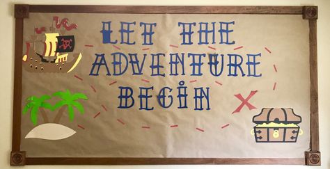 Treasure Island bulletin board set for school or VBS Pirate Themed Bulletin Board Ideas, Treasure Island Classroom Theme, Treasure Island Decorations, Island Bulletin Board, Pirate Bulletin Board Ideas, Giraffe Classroom, Pirate Bulletin Boards, Sailor Font, Sunflower Bulletin Board