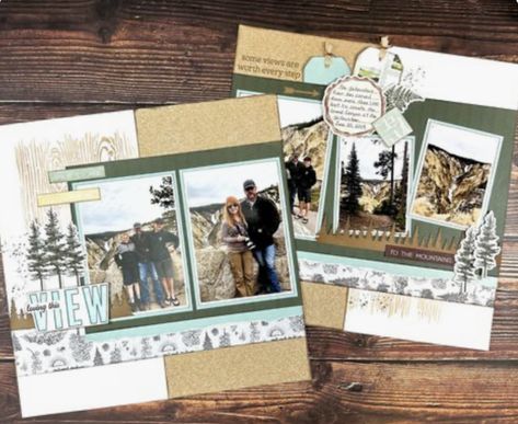 Woodland Scrapbook Layouts, Ctmh Scrapbooking Layouts Travel, Camping Scrapbook Pages, Erin Jacobson Scrapbooking, Scrapbook Travel Layouts, Yellowstone Scrapbook Layouts, Mountain Scrapbook Layouts, Travel Scrapbook Pages Ideas, Outdoor Scrapbook Layouts