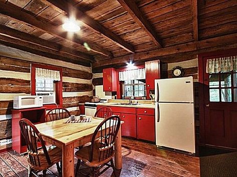 Small Log Cabin Kitchens, Cabin Kitchens Rustic, Kitchens Rustic, Red Kitchens, Log Cabin Kitchens, Red Cabin, Rustic Kitchens, Log Cabin Interior, Small Log Cabin