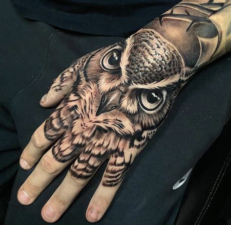 Owl Tattoo Men, Unique Hand Tattoos, Herren Hand Tattoos, Full Hand Tattoo, Chest Design, Forearm Sleeve, Hand Tats, Owl Tattoo Design, Half Sleeve Tattoos For Guys