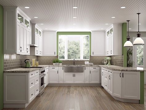 Shaker Arctic Cabinets from cabinet kings. rta.  also have floating shelves Low Cost Kitchen Cabinets, Ready Made Kitchen Cabinets, 10x10 Kitchen, Cabinet Trends, White Shaker Kitchen Cabinets, Classy Kitchen, White Shaker Kitchen, Rta Kitchen Cabinets, White Shaker Cabinets