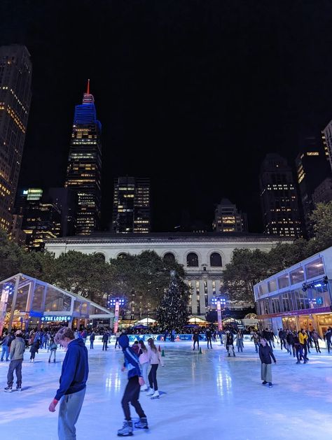 Bryant Park turns into a festive winter village each year, filled with holiday market stalls, a massive Christmas tree, and of course, an ice skating rink. After a pretty disappointing time skating at Rockefeller Center in 2021, I got curious and wanted to compare some other NYC ice skating experiences, so I bought tickets for Bryant Park in November 2023. Here’s my honest review of skating there and why I prefer it over Rockefeller Center. Nyc Ice Skating, Bank Of America Card, Brookfield Place, Ice Hotel, Battersea Power Station, Ice Skating Rink, Brooklyn Bridge Park, Winter Village, Skating Rink