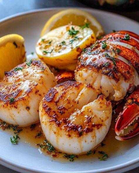 "🦞 Garlic Butter Lobster and Scallops 🧄🦪 Savor the Sea's Bounty with Every Bite! Perfect for a special evening, this dish brings the ocean's freshness right to your dining table, combining the rich, buttery flavors of lobster and scallops with a hint of garlic. 🍽️ Ingredients 🍽️ - For the Scallops: - 1/2 lb sea scallops, patted dry - 1 tbsp olive oil - 2 tbsp unsalted butter - 2 cloves garlic, minced - Salt and pepper to taste - Fresh parsley for garnish - For the Lobster: - 2 lobst... Garlic Butter Lobster, Butter Lobster, Luxury Catering, Summer Traditions, Sea Scallops, Food Rules, Lobster Tails, The Lobster, Nutritious Diet