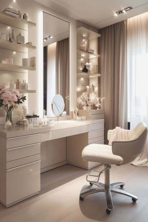 Vanity Ideas Bedroom Luxury, Makeup Table Vanity Luxury, Classy Home Decor Luxury, Beige Vanity Bedroom, Interior Designer Bedroom, Office And Glam Room Combo, Classic Room Ideas, Make Up Room Luxury, Classy Room Decor Luxury Bedroom Ideas