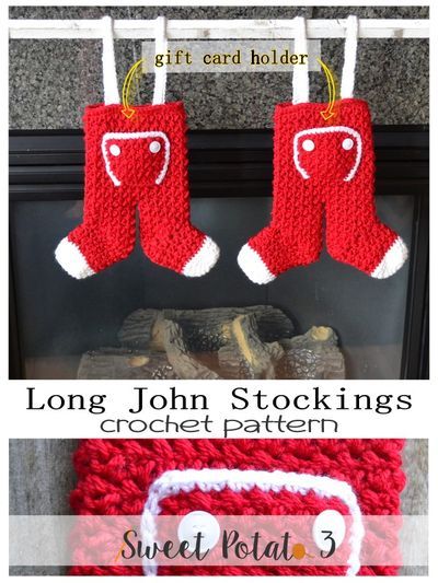 An adorable spin is the Long John Stocking. Still serves the purpose of a Christmas Stocking but in a charming way. The darling stockings feature a front flap that is just the right size for a gift card holder. Everyone is going to fall in love with your Traditional Christmas Stockings, Unique Christmas Stockings, Tree Skirt Pattern, Crochet Christmas Gifts, Christmas Stocking Pattern, Stocking Pattern, Long John, Christmas Gift Card, Holiday Crochet