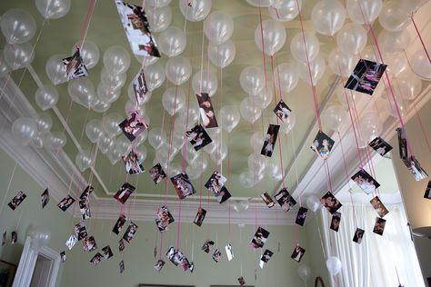 Ballon With Pictures Attached, Birthday Balloons With Pictures Attached, Pictures Hanging From Balloons, Balloons With Pictures Attached, Balloons With Photos, 21st Birthday Balloons, Hanging Balloons, Engagement Decoration, Surprise Birthday Decorations