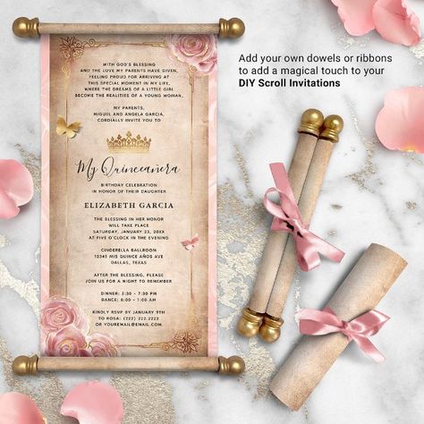 Blush Pink Rose Gold DIY Quince Scroll Invitations Scroll Invitations, Fairytale Baby Shower, Roses Butterfly, Rose Gold Quinceanera, Invitations Quinceanera, Scroll Invitation, Debut Invitation, Quince Invitations, Butterfly Invitations