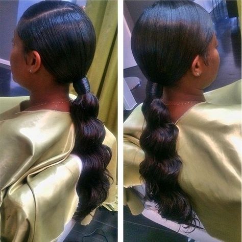 black formal ponytail for relaxed hair African American Ponytail Hairstyles, Hairstyles For Afro Hair, Formal Ponytail, Long Ponytail Hairstyles, Curled Hairstyles For Medium Hair, Short Sassy Haircuts, Sassy Haircuts, Cute Ponytails, Black Ponytail Hairstyles