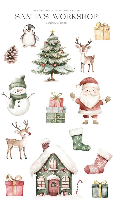 Christmas Elements Illustration, Christmas Cute Illustration, Cute Christmas Drawings, Christmas Illustration Art, Cute Christmas Art, Watercolor Christmas Art, Cute Christmas Clipart, Xmas Stickers, Winter Stickers