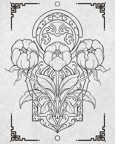 Art Deco Embroidery Pattern, Art Noveau Tattoos Women, Art Nuevo Tattoo, Artnouveau Drawing, Art Deco Tattoos, Neoclassical Tattoo, Art Nouveau Floral Illustration, Ornamental Floral Tattoo, Art Nouveau Flowers Illustration