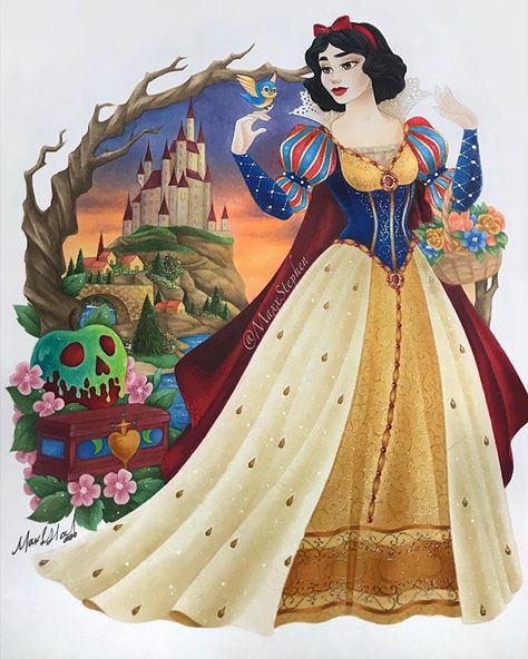 “Each day the vain Queen consulted her Magic Mirror, and as long as the mirror answered, “You are the fairest one of all,” Snow White was… Snow White Outfits, Snow White Art, Art Exploration, Snow White Seven Dwarfs, Snow White Costume, Princess Fashion, Disney Princess Snow White, Snow White Disney, Disney Fanart