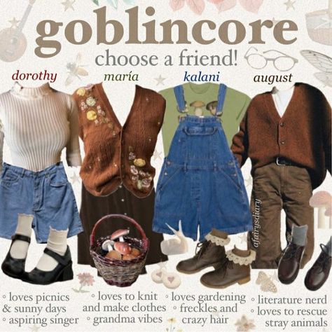 Nature Academia Aesthetic Outfit, Goblin Core Outfit Overalls, Overalls Outfit Goblincore, Goblincore Crew Neck T-shirt For Fall, Sweaters Goblincore, Goblincore Cardigan, Goblincore Outfits, Mood Clothes, Mood Board Fashion