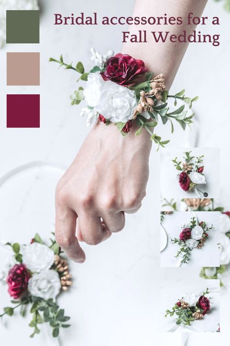 This bridal accessory is perfect for an autumn wedding. The flower wrist corsage is perfect for bridesmaids, flower girls, brides, keepsakes for kids, mothers of the bride for special events such as weddings, anniversaries, bachelorette parties, bridal showers, proms, communion, baby showers. ˙ ˙ #autumnwedding #fallwedding #weddingflowers #weddingaccessories #bridalaccessories #flowerwristcorsages #wedding2022 Burgundy Wrist Corsage Wedding, Wedding Corsages For Bridesmaids, Corsage For Red Dress, Winter Corsage, Corsage Wedding Mother, Gold Burgundy Wedding, Red Corsages, Purple White Wedding, Gold And Burgundy Wedding