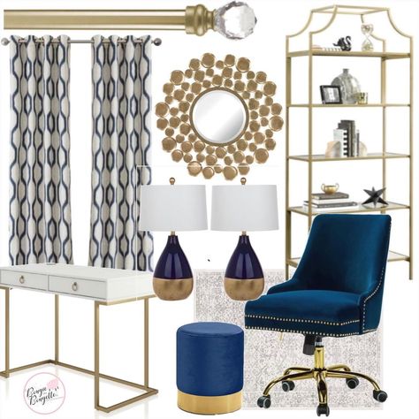 Bougie On A Bougette Designs on Instagram: “Happy Friday! Here’s my latest home office design using blue and gold.💙 http://liketk.it/35wuZ #liketkit @liketoknow.it…” Office Decor Navy And Gold, Navy And Gold Home Office, Blue And Gold Office Ideas, Blue And Gold Home Office, Navy Blue Office Decor, Blue And White Home Office, Blue And Gold Office, Navy And Gold Office, Administrator Office