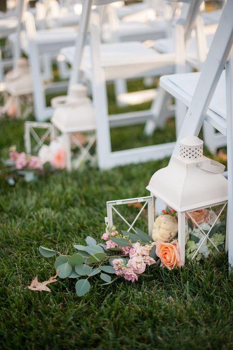 Lanterns Down The Aisle Wedding, Lantern Ceremony Aisle, Beach Alter, 5000 Wedding, Aisle Florals, Easton Maryland, Wedding Aisles, Aisle Decorations, White Lantern