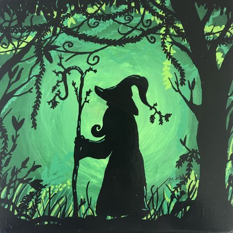 Enchanted forest-wizard- painted tile. #wizard #forest #vines #ferns #green #silhouette Green Forest Tattoo, Enchanted Forest Drawing Easy, Fantasy Acrylic Painting Ideas Easy, Enchanted Forest Painting Easy, Fantasy Painting Easy, Simple Forest Painting, Wizard Silhouette, Enchanted Forest Drawing, Fantasy Drawings Easy