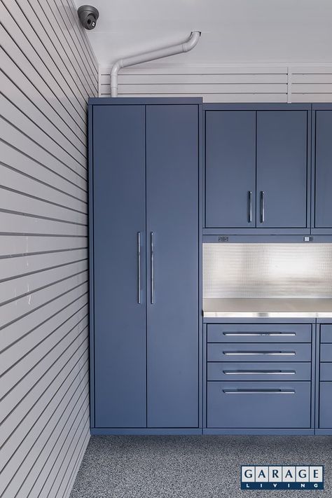 Harbor Blue Garage | Garage Living Blue Garage Walls, Cabinet Systems, Light Blue House, Mortar Wash, Garage Cabinet Systems, Light Blue Houses, Lime Mortar, Blue Garage, Garage Closet