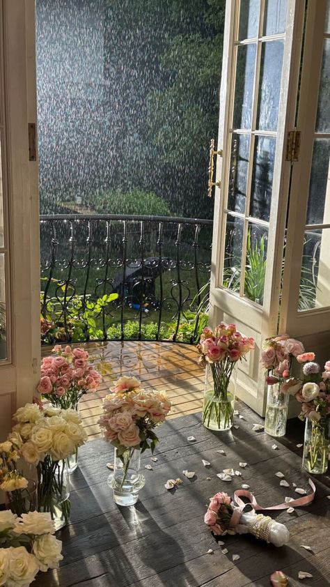 Soft Rain Aesthetic, Peaceful Aesthetic, Rain Aesthetic, Peace Life, Flower Soft, Balcony, Flowers