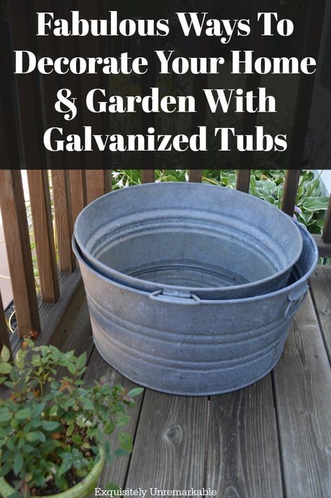 How To Decorate With Galvanized Tubs Galvanized Tub Planter, Repurpose Drawers, Vintage Vanities, Moss Centerpieces, Old Bucket, Galvanized Decor, Galvanized Planters, Empty Candle, Galvanized Buckets